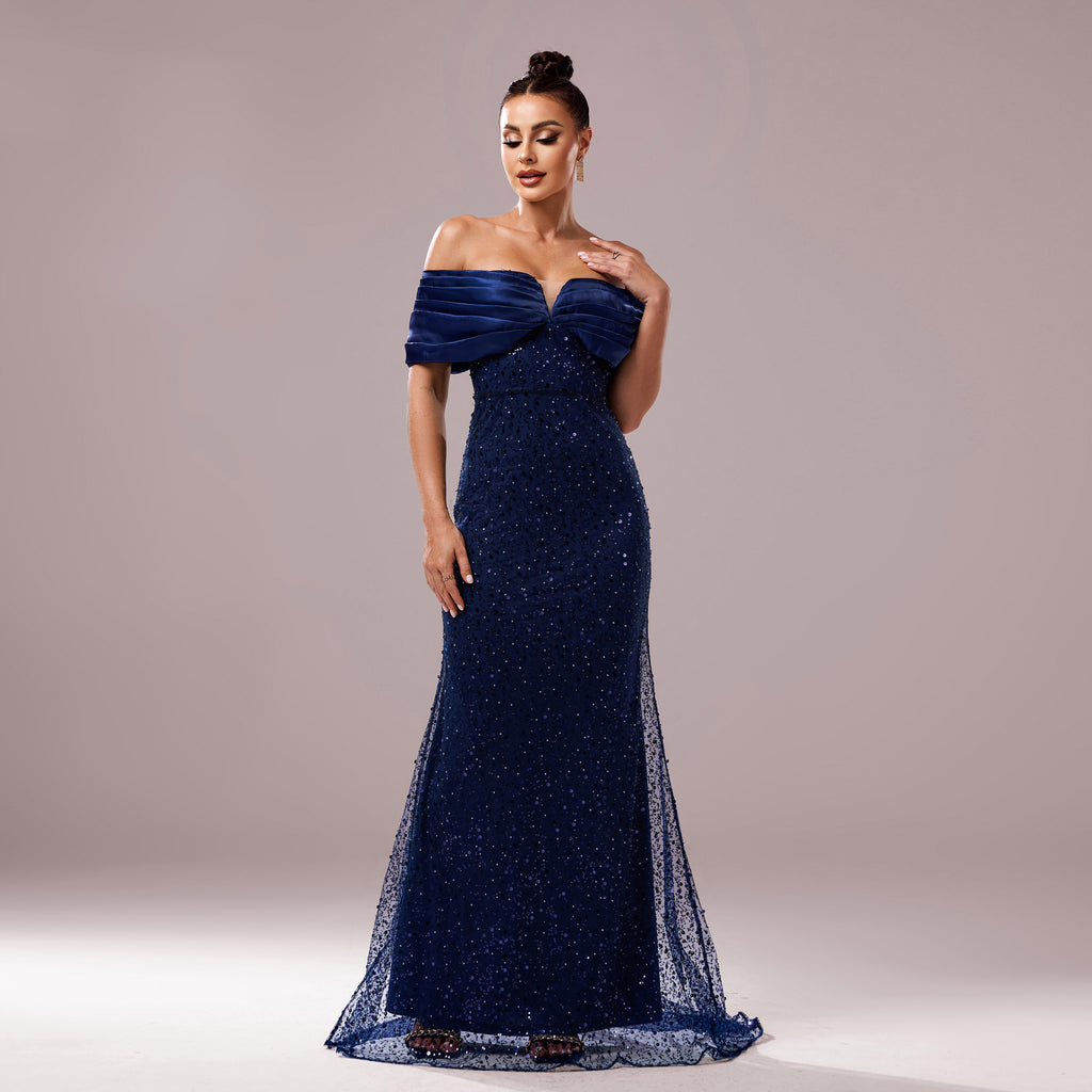 Women's Off-Shoulder Sequin Fishtail Evening Maxi Dress