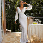 Women's V-Neck Sequin Long-Sleeve Fishtail Maxi Dress