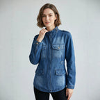 Multi Pocket Washed Zipper Decorations EW Women Denim Jacket