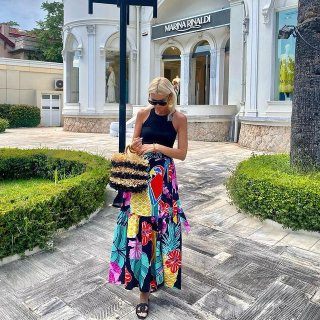 Internet Celebrity Same Print Lace Up Vacation Casual Skirt