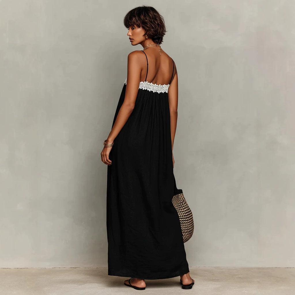 Black lace-trim maxi sling dress, open back with spaghetti straps