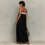 Black lace-trim maxi sling dress, open back with spaghetti straps