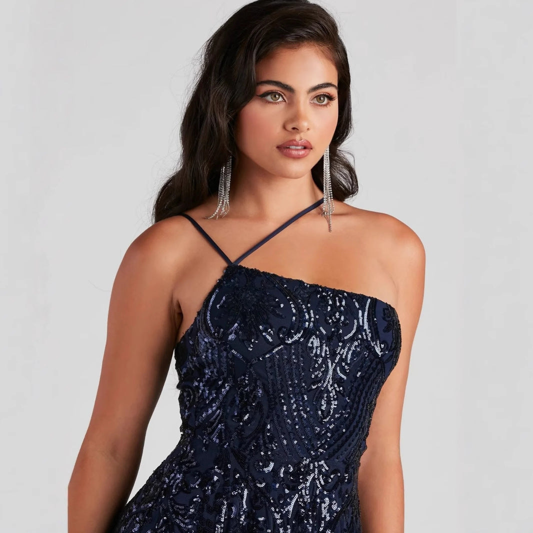 Women's Sexy Sequ Dress Summer One Shoulder Sequined Nightclub Party Dress