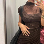 Tight Waist Close Fitting Stitching Gauzy Package Hip Maxi Dress For