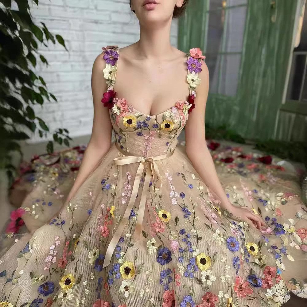 Women's Floral Embroidered V-Neck A-Line Maxi Dress