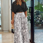Women's V Neck Short Printed Top and Pants Two-Piece Set