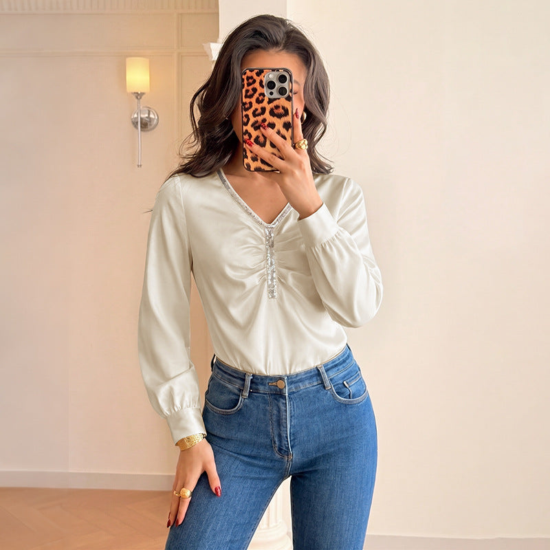 Commuting Elegant Jumpsuit Autumn Long Sleeve Sequined V