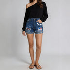 Summer Flanging Printed Pattern Design Women Denim Shorts