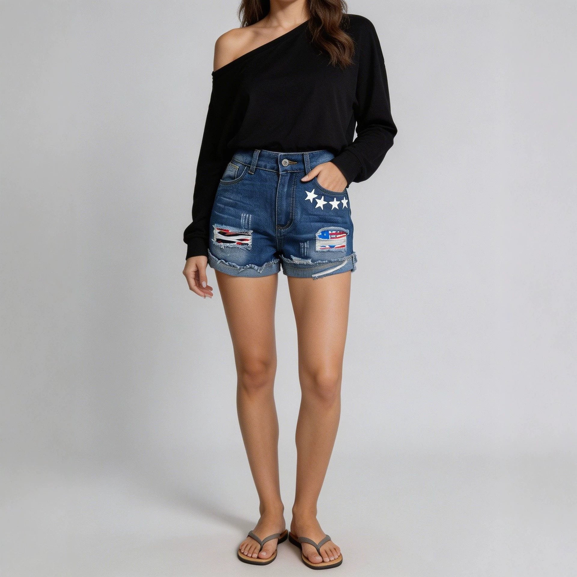 Summer Flanging Printed Pattern Design Women Denim Shorts