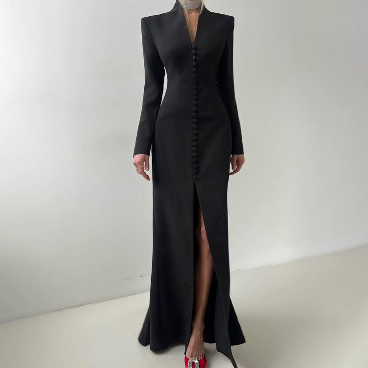V-Neck Long-Sleeve Split Maxi Dress