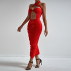 Fashionable Floral Cross Halter Hollow Out Cutout Chest Dress