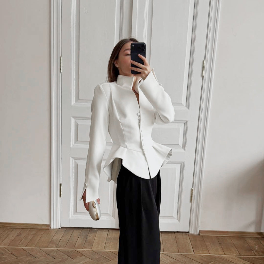 Business Wear Women Autumn White Stand Collar Tight Waist Breasted Lotus Leaf Hem Slim Fit Slimming Commuting Coat