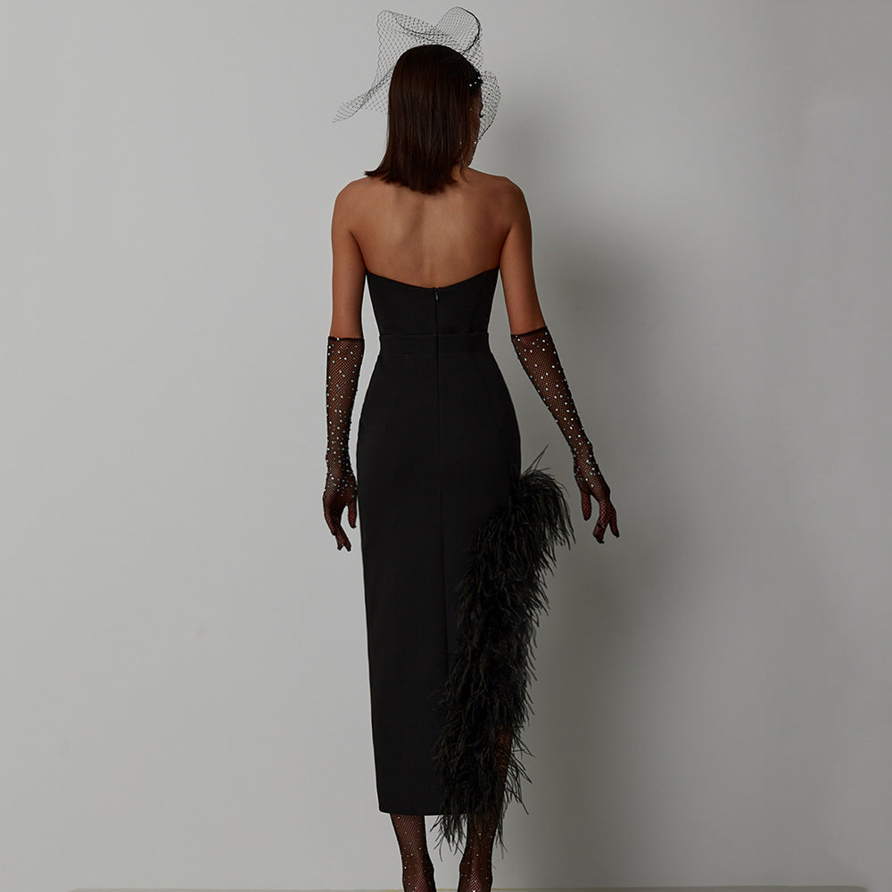 Split Strapless Side Feather Bandage Slim Elastic Party Midi Dress