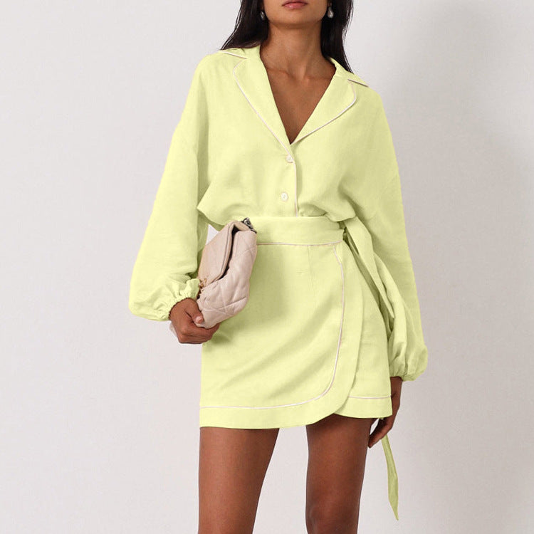 Lace up Skirt Set Women Summer Polo Collar Puff Sleeve Cardigan Top Two Piece Set