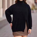 Plus Size Women Split Mid Length Top Women Clothes Turtleneck Collared Loose Pullover