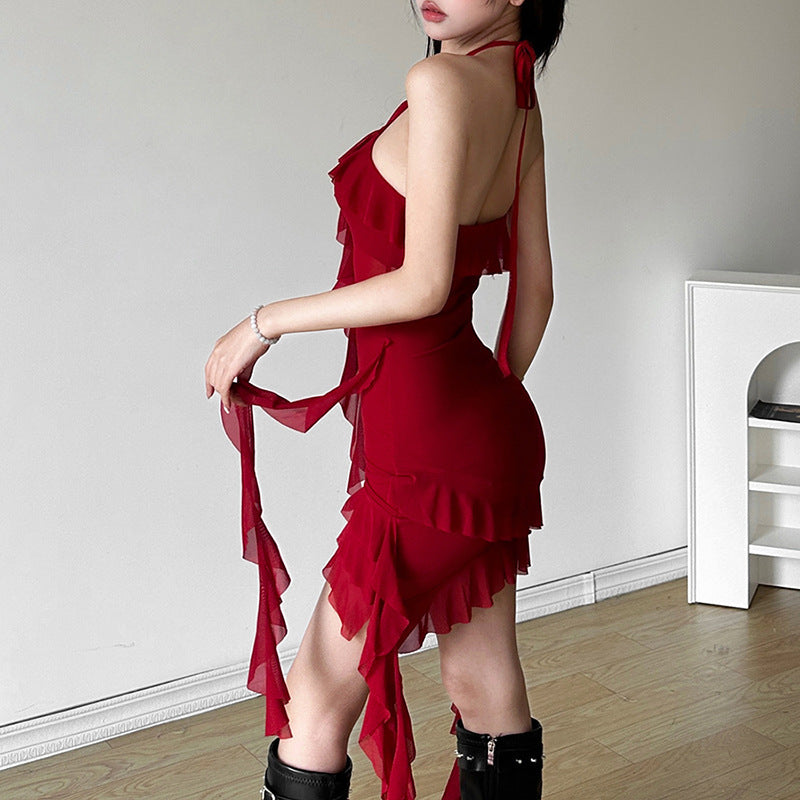 Halter Backless Ruffled Bodycon Mini Dress