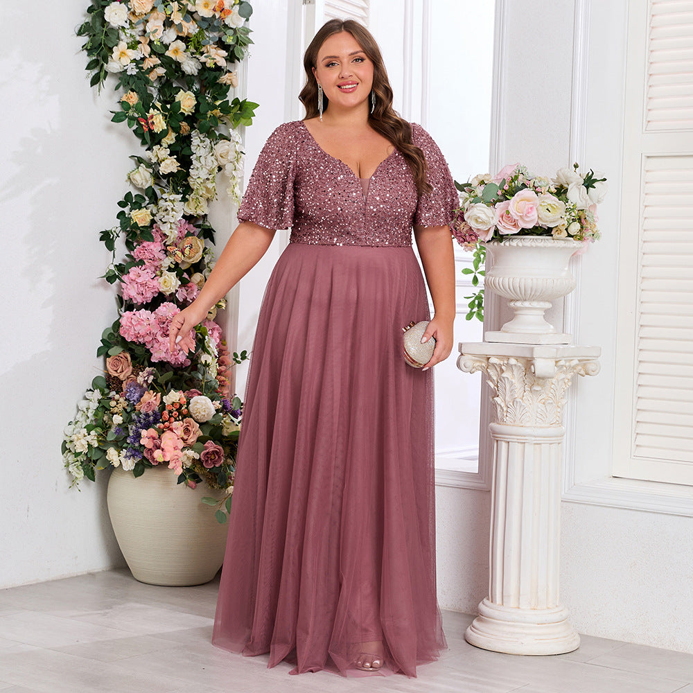 Women's Plus Size Elegant Double V neck Short Sleeve Sequin Stitching Dress