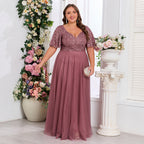 Women's Plus Size Elegant Double V neck Short Sleeve Sequin Stitching Dress