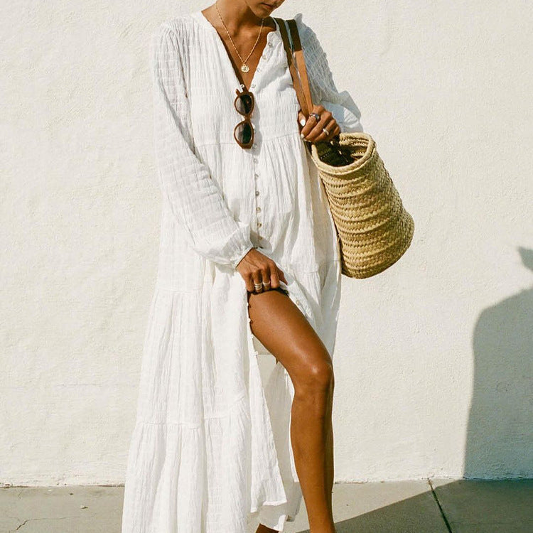 White Cotton Pleated Long Sleeve Maxi Dress