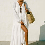 White Cotton Pleated Long Sleeve Maxi Dress
