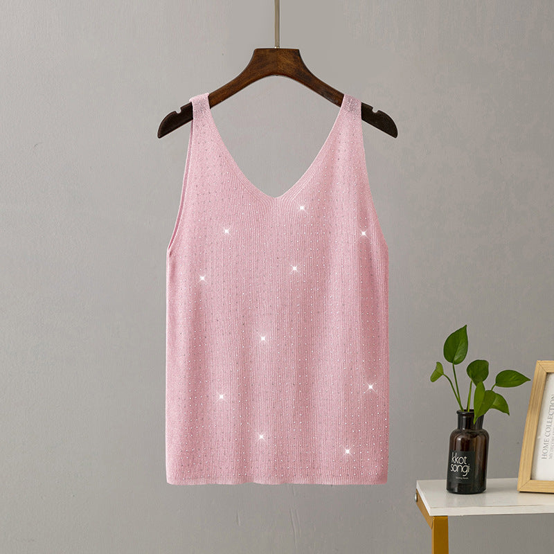 Women’s Rhinestone Diamond V Neck Knit Camisole