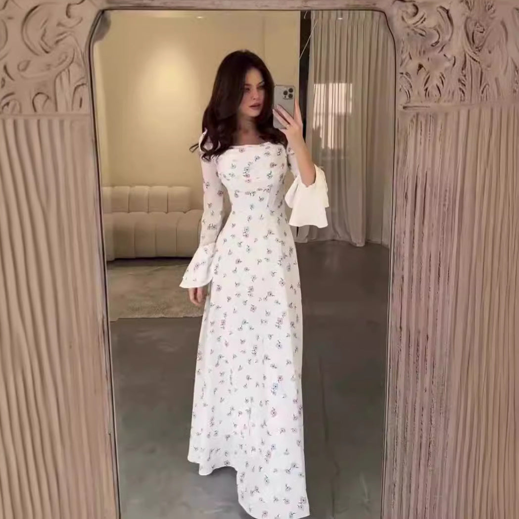 Summer U Neck Printed Long Sleeve Flared Sleeves Slim Dress