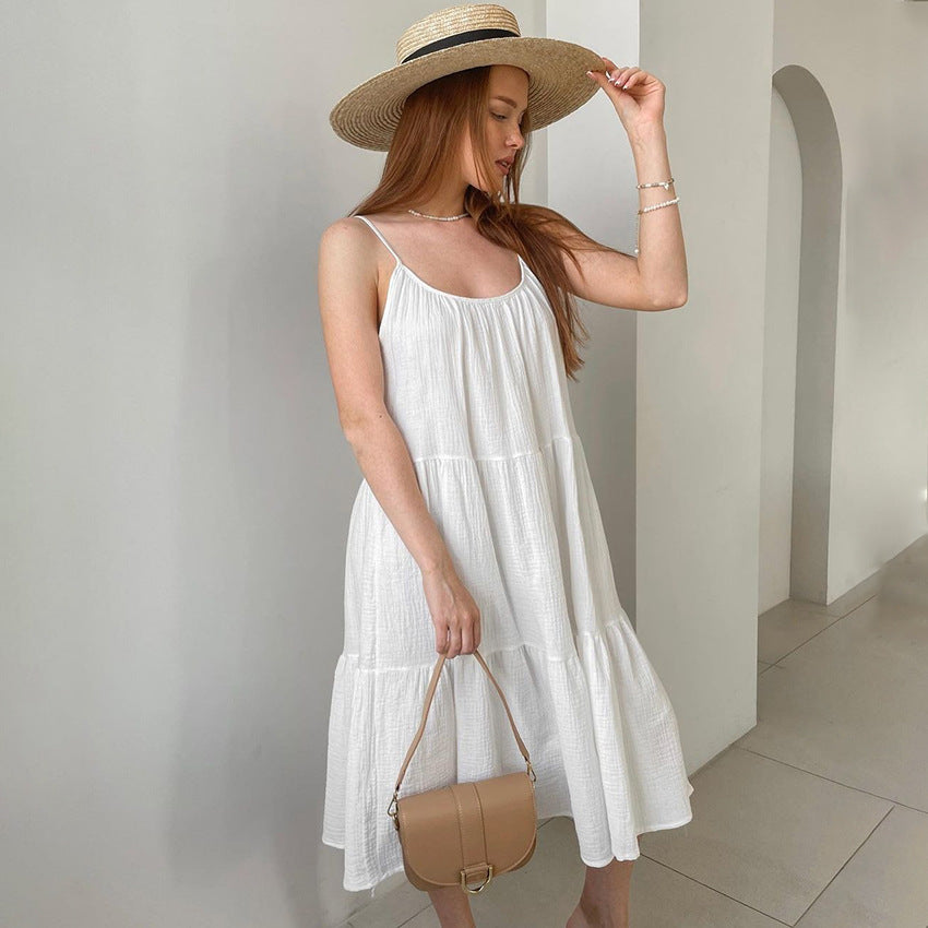 Pure Cotton Nightdress Women Summer Strap Long French Outdoor Wear Solid Color Home Wear
