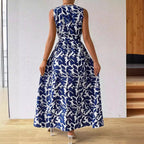Printed V-Neck Lace-Up Maxi Dress