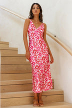 Women's Summer Sexy Backless Spaghetti Straps V-Neck Sleeveless Printed Slim Dress