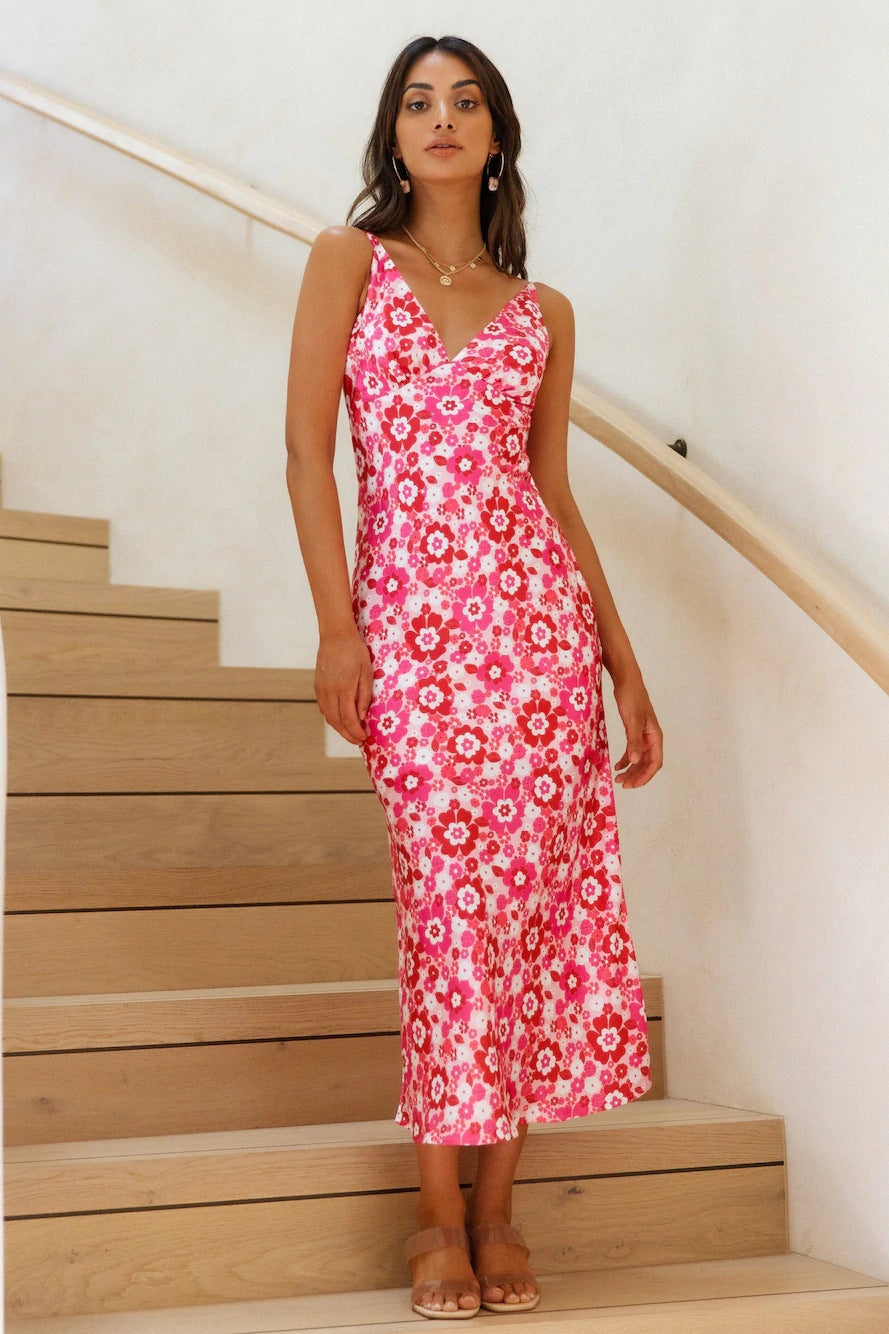 Women's Summer Sexy Backless Spaghetti Straps V-Neck Sleeveless Printed Slim Dress