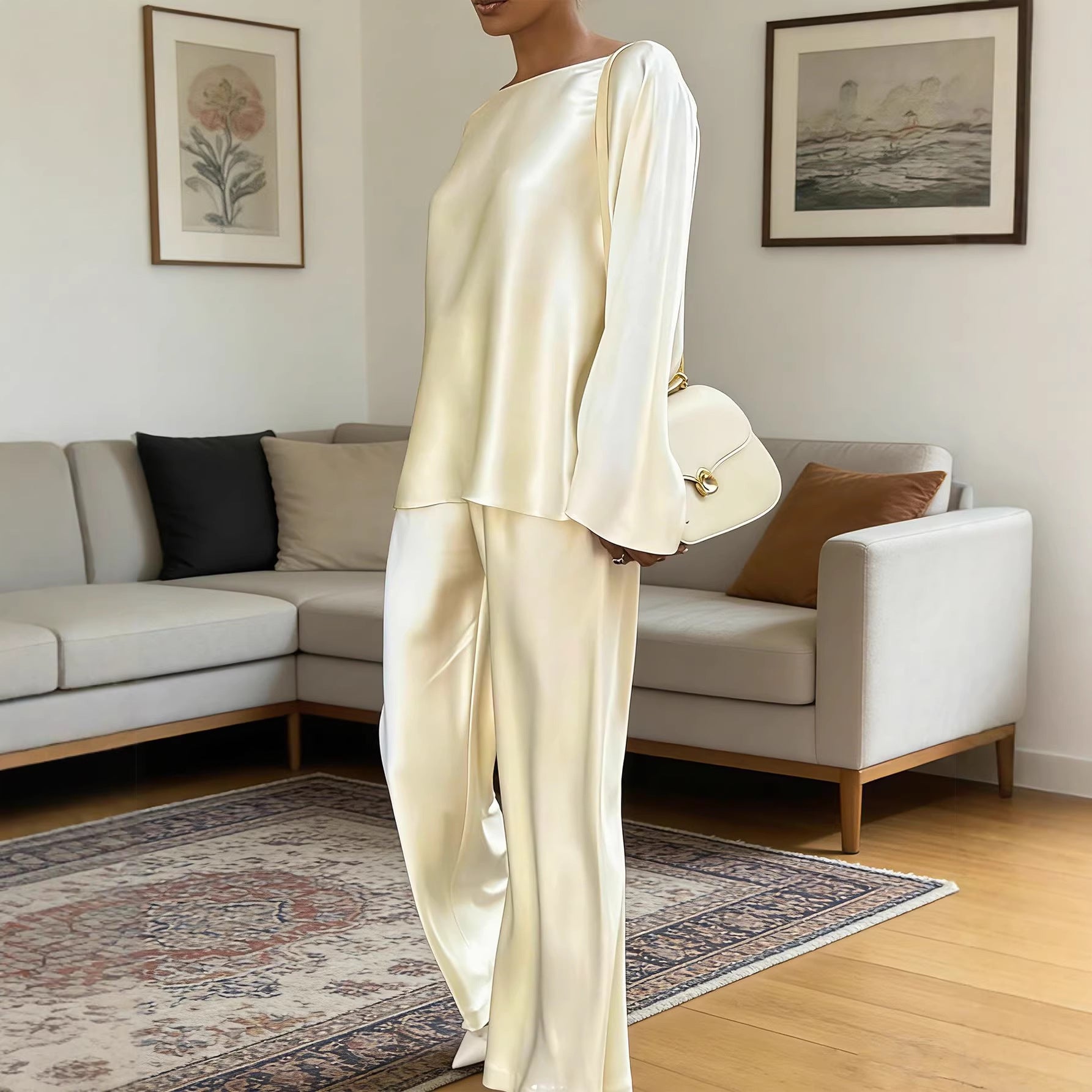 Women's Satin Two-Piece Top & Straight-Leg Pants Set