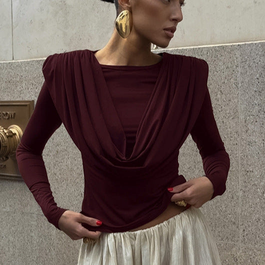 Women's Pleated Waist Tight Swing Collar Long Sleeved T Shirt Women Autumn Winter Beautiful Bottoming Top