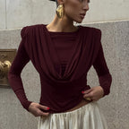 Women's Pleated Waist Tight Swing Collar Long Sleeved T Shirt Women Autumn Winter Beautiful Bottoming Top