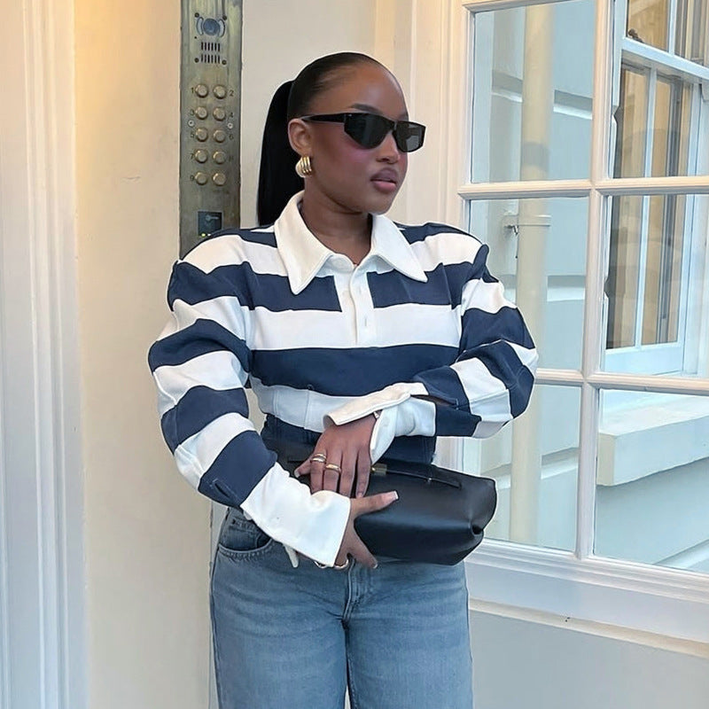 Women's Striped Polo-Collar Long-Sleeve Top