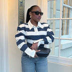 Women's Striped Polo-Collar Long-Sleeve Top