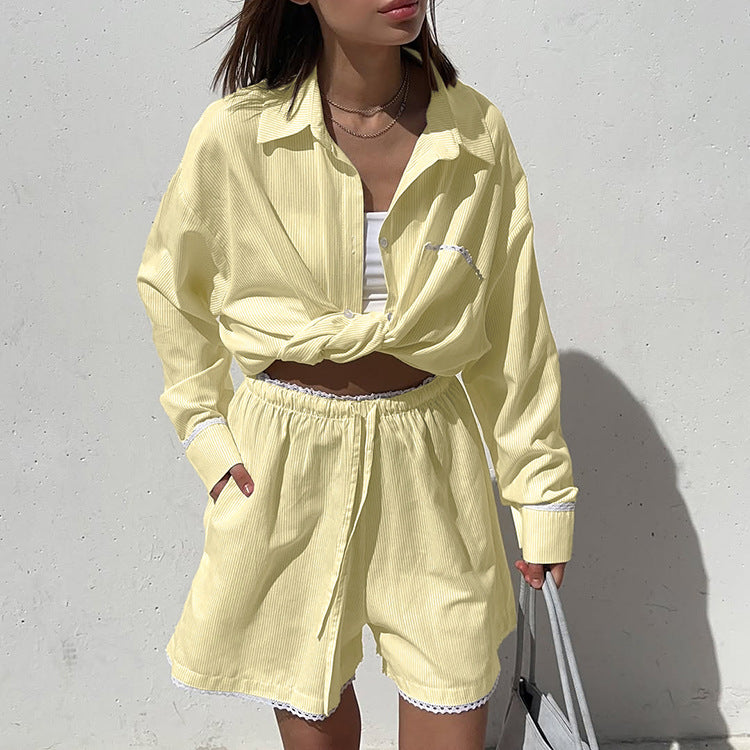 Striped Shirt Outfit Lace Collared Long Sleeve Set