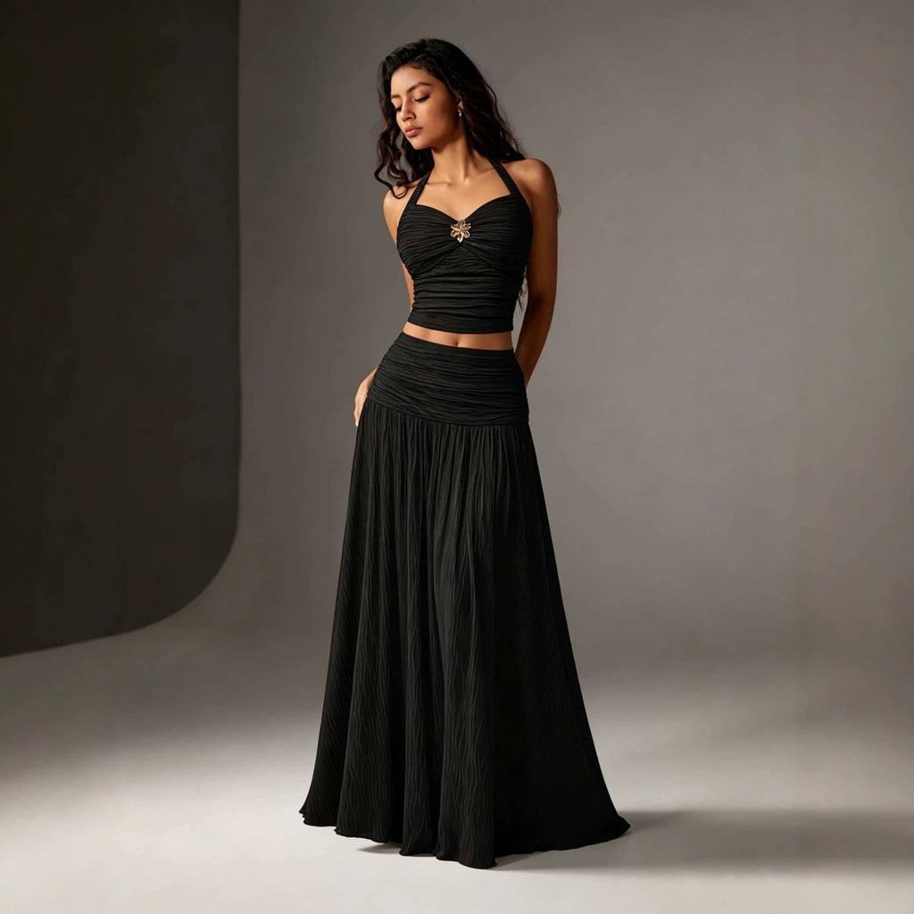 French Halter Backless Suit Pleated Waist Tight Top A line