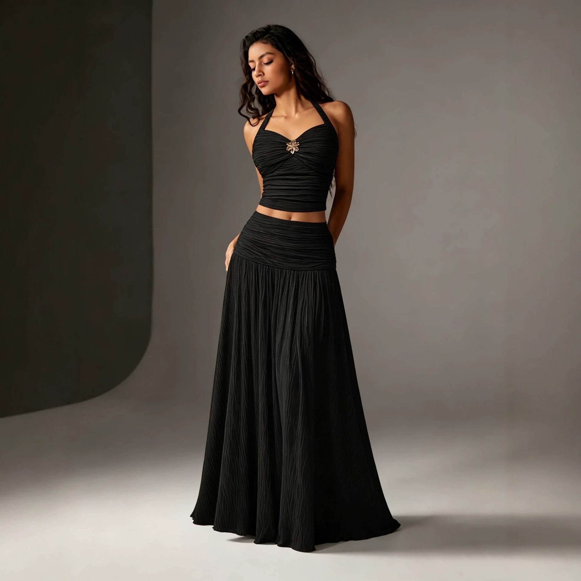 French Halter Backless Suit Pleated Waist Tight Top A line