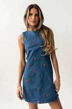 Blue denim sleeveless vest with red and green embroidery, sleeveless crew neck