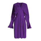 Pleated V-Neck Long-Sleeve Dress