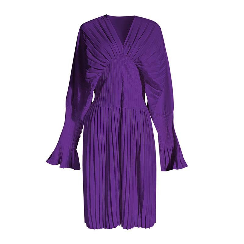 Pleated V-Neck Long-Sleeve Dress