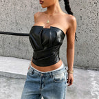 Faux Leather Tube Top Women Back Zipper Waist Slimming Sexy