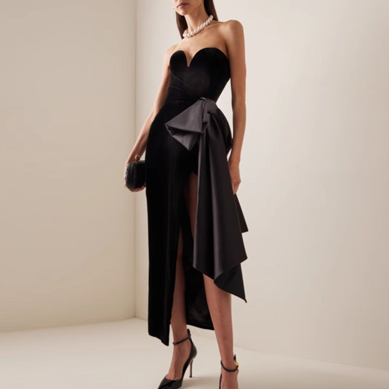 Women's Sexy Tube Top Dress Black Elegant Irregular Asymmetric Design Sleeveless Dress Women