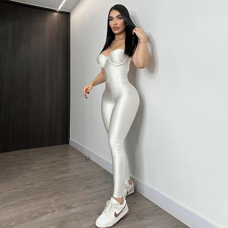 Women's Strapless Ruched Backless Jumpsuit
