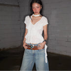 Women's Spring Summer Women Tops Retro V Neck Ribbon Lace Cardigan Short Sleeve