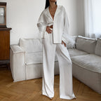 Patchwork Feather Long Sleeve Collared Top Trousers