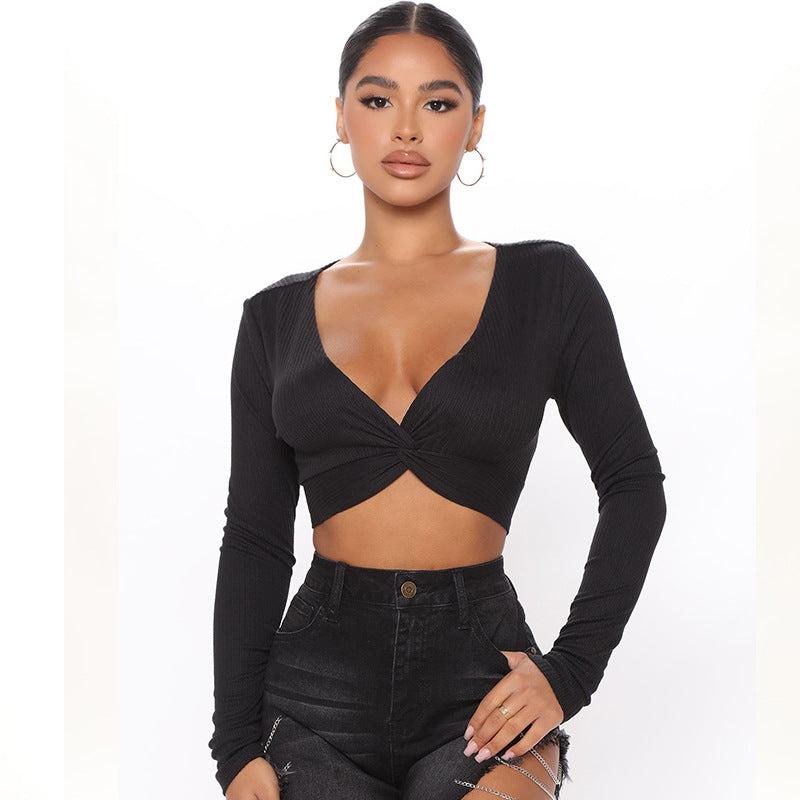 Women's V-Neck Ribbed Twisted Long Sleeve Crop Top