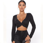 Women's V-Neck Ribbed Twisted Long Sleeve Crop Top