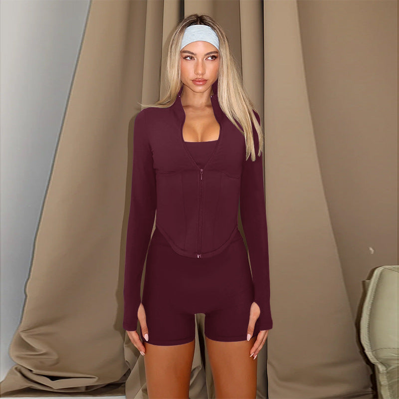 Women's Deep V Plunge Long Sleeve Zipper Top Peach Hip Tight Shorts