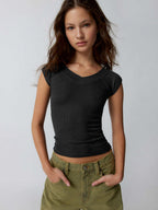 Slim V-Neck Knit T-Shirt for Women